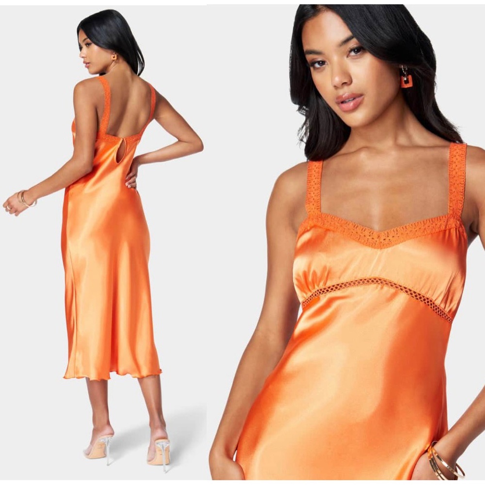 Bebe satin lace trim bustier midi orange dress women Size Large